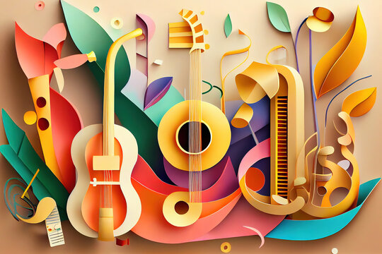 Vector layered paper cut craft style music composition of saxophone guitar. Generative Ai