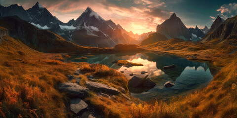 Obraz premium Fantastic evening panorama of Lake, Switzerland. Picturesque autumn sunset in the Alps, Generative Ai