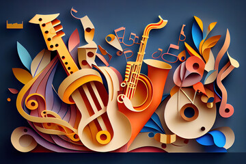 Fototapeta Creative music background. Musical abstract illustration, paper art. Created with. Generative Ai obraz