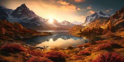 Fototapeta na wymiar Fantastic evening panorama of Lake, Switzerland. Picturesque autumn sunset in the Alps, Generative Ai