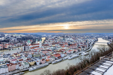Sunset on a winter evening over Passau, Bavaria, Germany.