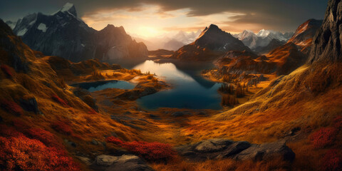 Fototapeta premium Fantastic evening panorama of Lake, Switzerland. Picturesque autumn sunset in the Alps, Generative Ai