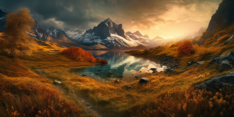 Fototapeta premium Fantastic evening panorama of Lake, Switzerland. Picturesque autumn sunset in the Alps, Generative Ai