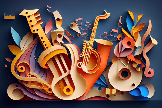 Creative music background. Musical abstract illustration, paper art. Created with. Generative Ai