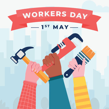illustration of Labor Day concept with hands holding tools. International worker's day. 1st May, Cartoon illustration.