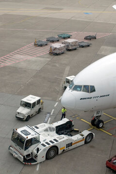 D&uuml;sseldorf, Germany - January 21, 2008: Section of the cockpit of a Boeing B777 shortly before the push-back.
