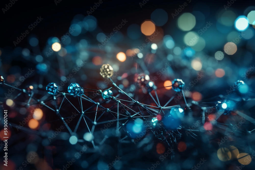 Poster close-up of network nodes with bokeh effect in diverse tones - network, deep blue background, techno