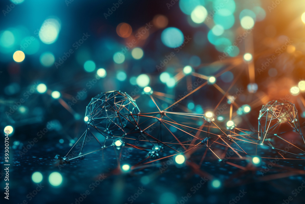 Poster close-up of network nodes with bokeh effect in diverse tones - network, deep blue background, techno