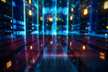 Abstract representation of a data center with diverse colors - network, Deep Blue background, Technology background, Business concept, digital background, bokeh Generative AI