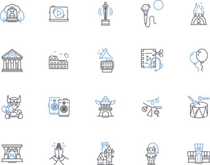Culture outline icons collection. Tradition, Rituals, Customs, Ideology, Language, Arts, Cuisine vector and illustration concept set. Music, Dance, Fashion linear signs