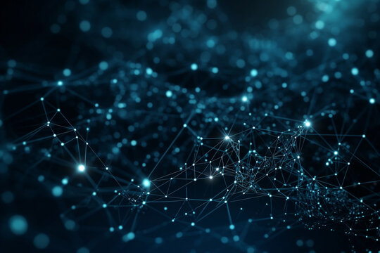 Digital artwork depicting a complex network in monochromatic shades - network, Deep Blue background, Technology background, Business concept, digital background, bokeh Generative AI