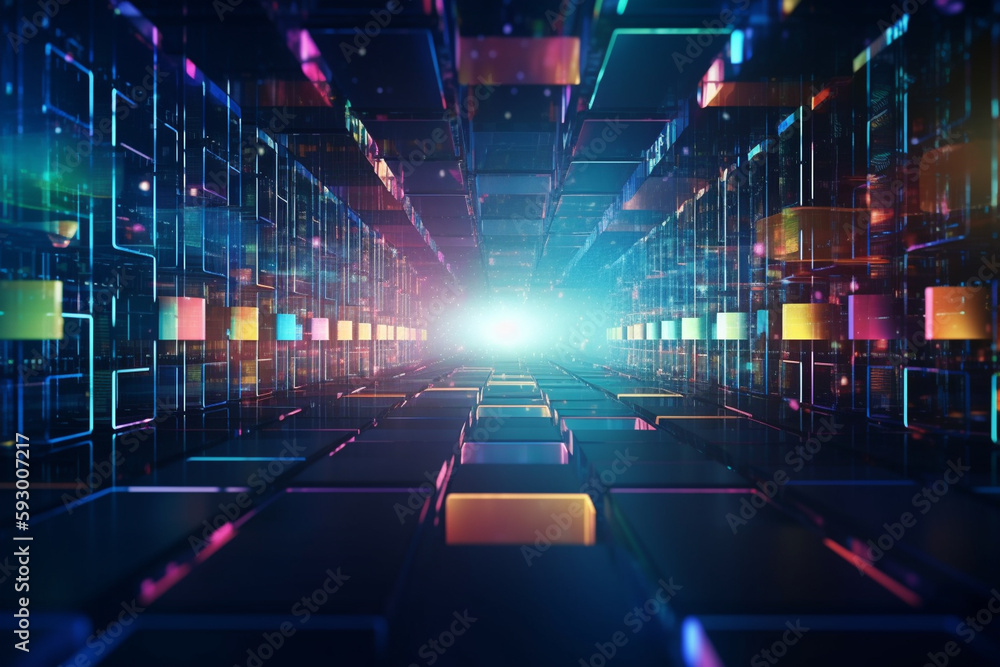 Poster abstract representation of a data center with diverse colors - network, deep blue background, techno