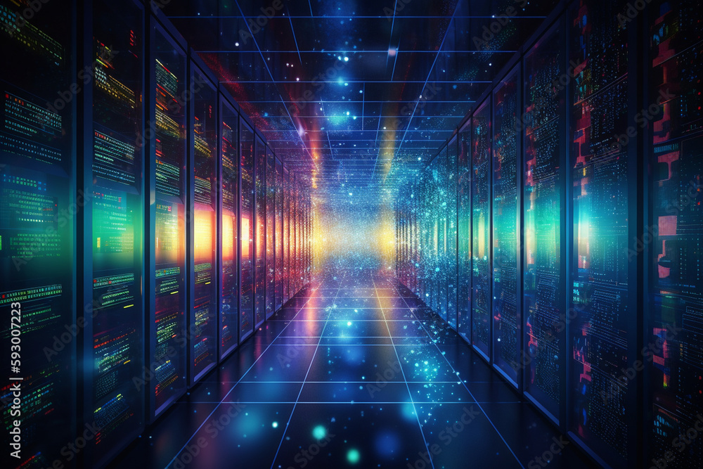 Poster abstract representation of a data center with diverse colors - network, deep blue background, techno