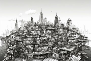cityscape skyline of city, in a cubism art illustration, in grey scale. Generative AI