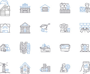 Houses and buildings outline icons collection. Homes, Dwellings, Abodes, Structures, Edifices, Mansions, Abbeys vector and illustration concept set. Castles, Estates, Towers linear signs