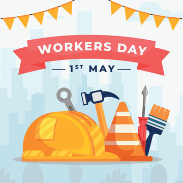 illustration of Labor Day concept, tools. International worker's day. 1st May, Cartoon illustration.