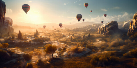 background landscape Cappadocia with hot air balloons sun light. Concept trip Turkey travel, wallpaper, Generative Ai