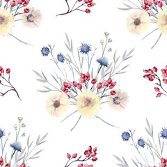 Seamless pattern with wild berries and twigs. Watercolor illustration