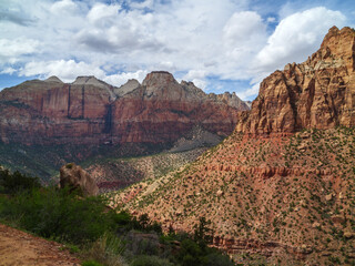 Zion National Park in Utah with snow melt water in Virgin river 