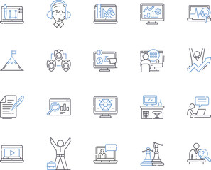 Working business outline icons collection. Operations, Entrepreneur, Strategy, Organization, Processes, Team, Profits vector and illustration concept set. Planning, Structure, Clients linear signs