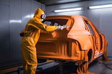 Fototapeta na wymiar Car painter in protective clothes and mask painting a car, mechanic using a paint spray gun in a painting chamber. Bodywork, paint job, car service, bodypaint garage. AI generated image