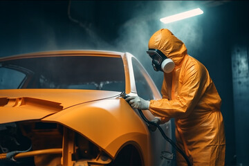 Car painter in protective clothes and mask painting a car, mechanic using a paint spray gun in a painting chamber. Bodywork, paint job, car service, bodypaint garage. AI generated image - obrazy, fototapety, plakaty