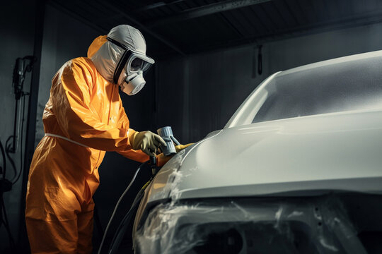 Car painter in protective clothes and mask painting a car, mechanic using a paint spray gun in a painting chamber. Bodywork, paint job, car service, bodypaint garage. AI generated image