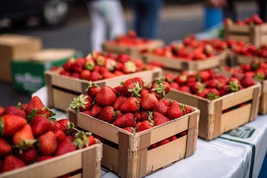 Lots of baskets with fresh ripe strawberries for sale at farmers market closeup. Strawberries in boxes, strawberry fruits in wooden box, selective focus. AI generated image