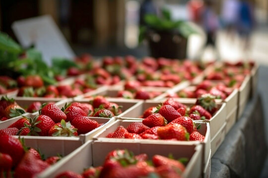 Lots of baskets with fresh ripe strawberries for sale at farmers market closeup. Strawberries in boxes, strawberry fruits in wooden box, selective focus. AI generated image