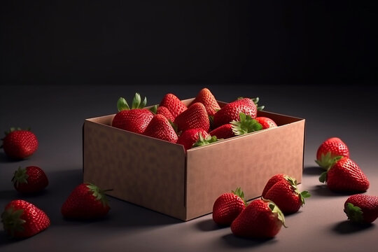 Fresh ripe strawberries closeup. Strawberries, strawberry fruits in paper box on dark background, selective focus. AI generated image