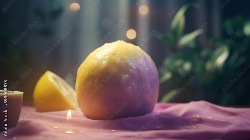 Poster a lemon and a candle on a table with a window in the background. generative ai