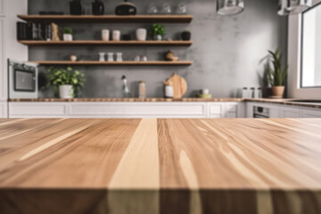 Wooden table on blurred kitchen bench background. Empty wooden table and blurred kitchen background for display or montage your products. 3d render