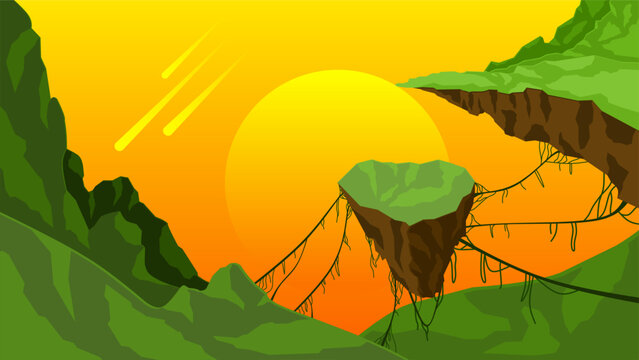 Science fiction landscape vector illustration. Floating island landscape background. Floating island in the sunset sky. Science fiction vector for background, wallpaper, display or illustration