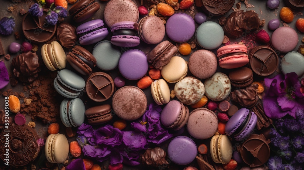 Poster a pile of assorted macaroons and cookies on a table. generative ai
