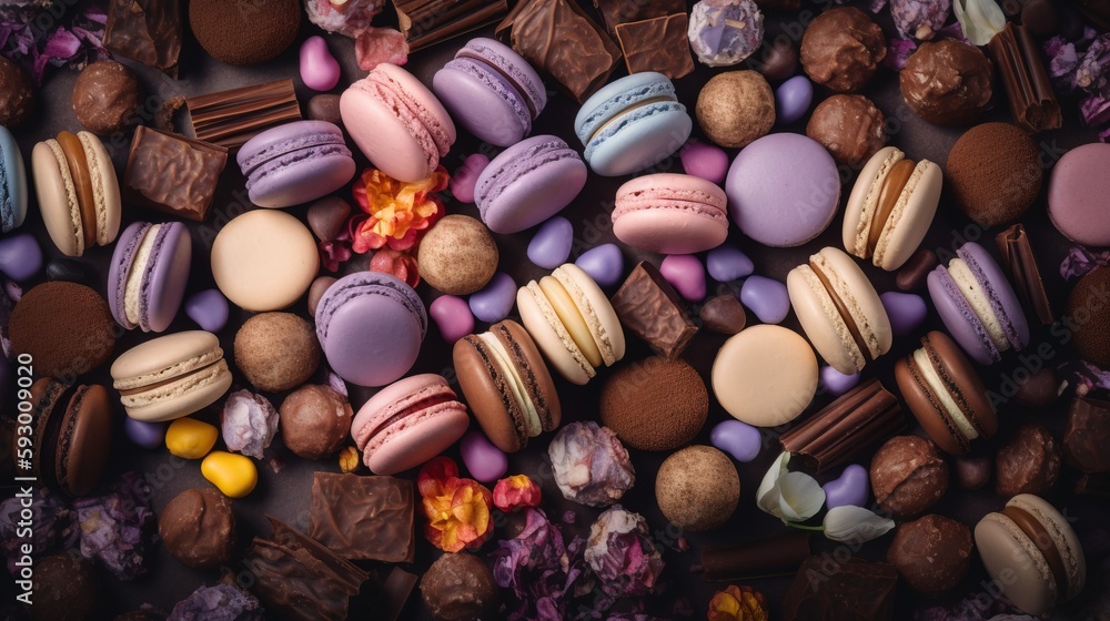 Poster a bunch of different types of macaroons on a table. generative ai