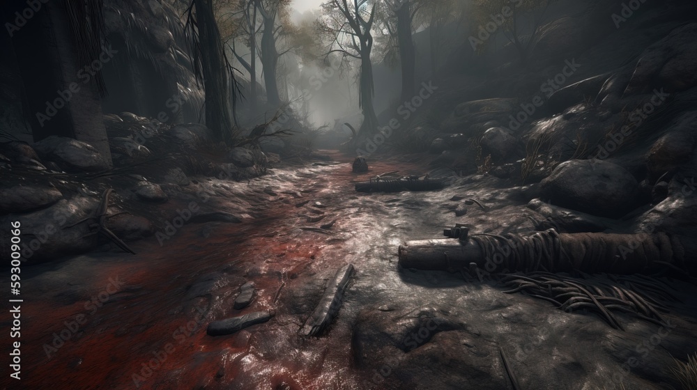 Poster a video game scene with a bloody path in the woods. generative ai