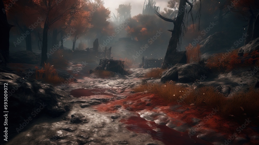 Poster a stream of water running through a forest filled with trees. generative ai