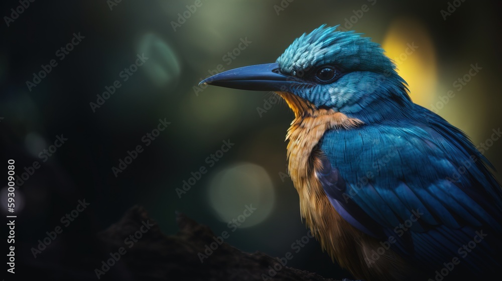 Poster a colorful bird sitting on top of a tree branch in the dark. generative ai