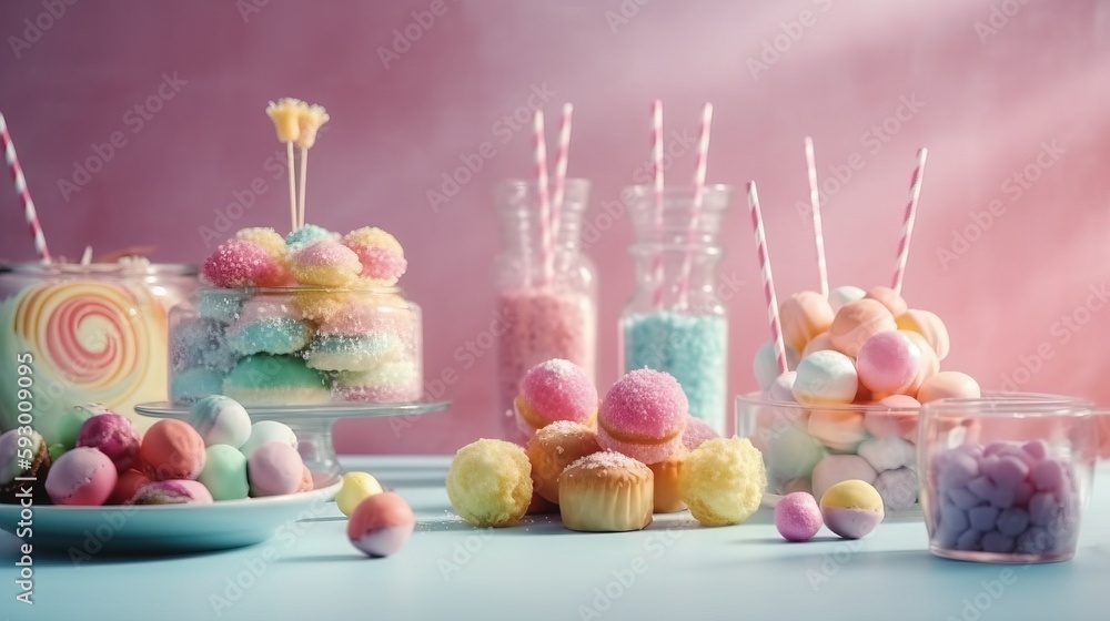 Aufkleber a table topped with lots of different types of candies. generative ai