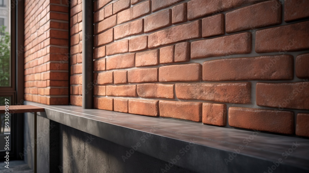 Poster a brick building with a window and a bench in front of it. generative ai