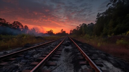 Fototapeta na wymiar a train track with the sun setting in the distance behind it. generative ai