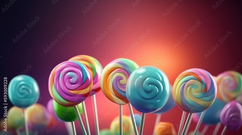 Poster a group of lollipops with different colors on them. generative ai