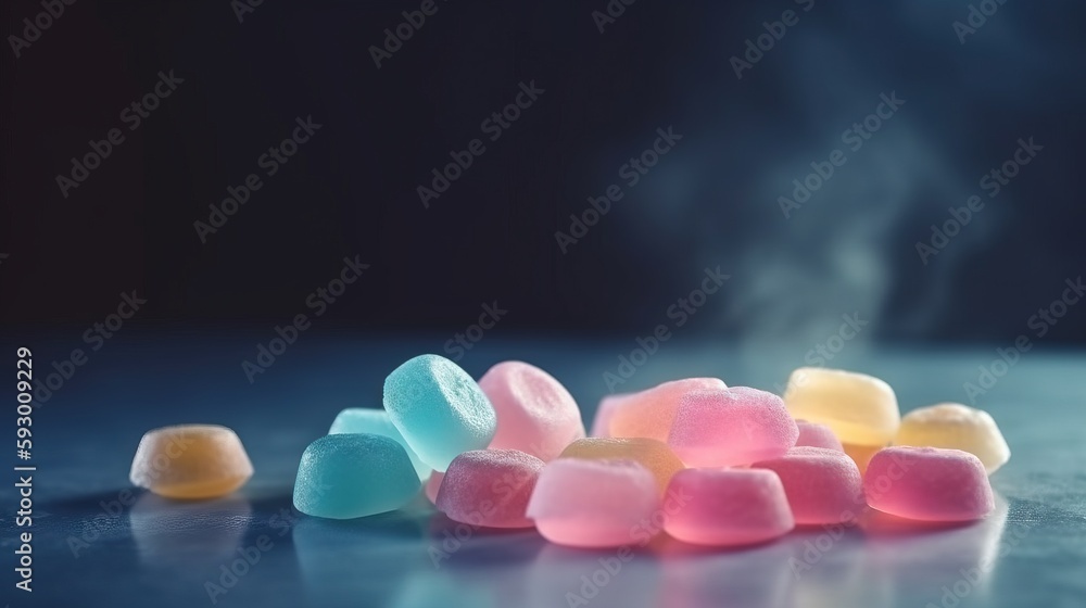 Poster a pile of colorful marshmallows sitting on top of a table. generative ai