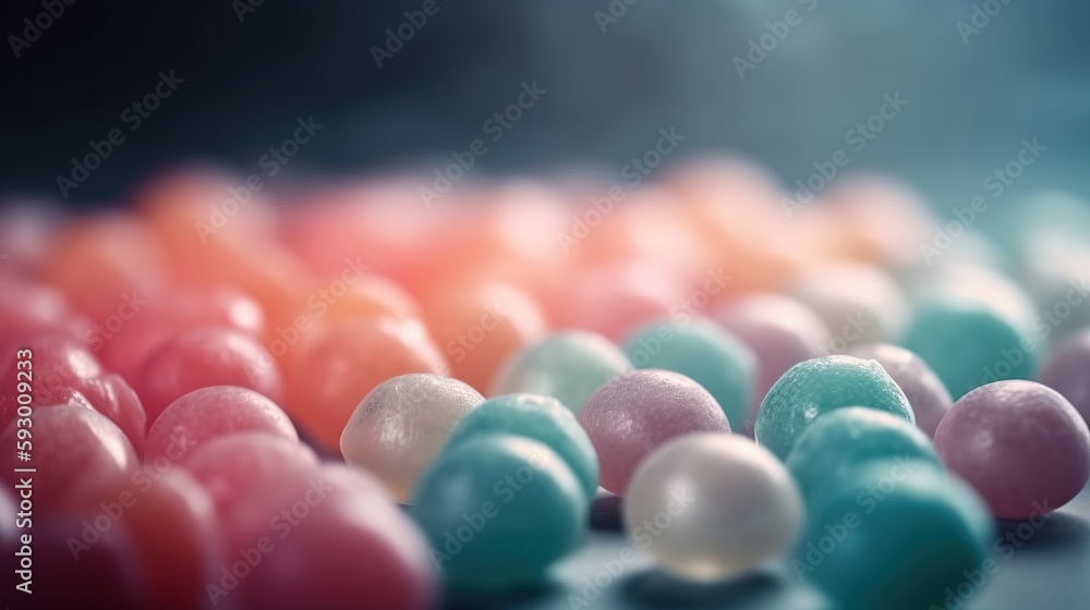 Poster a close up of many different colored candies on a table. generative ai