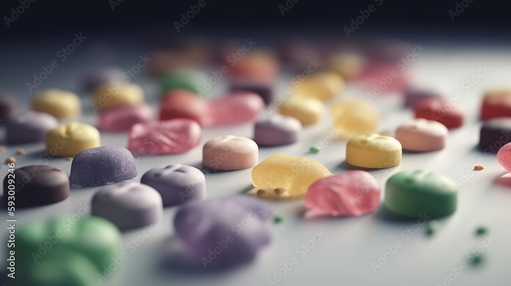 Poster a close up of many different colored candies on a table. generative ai