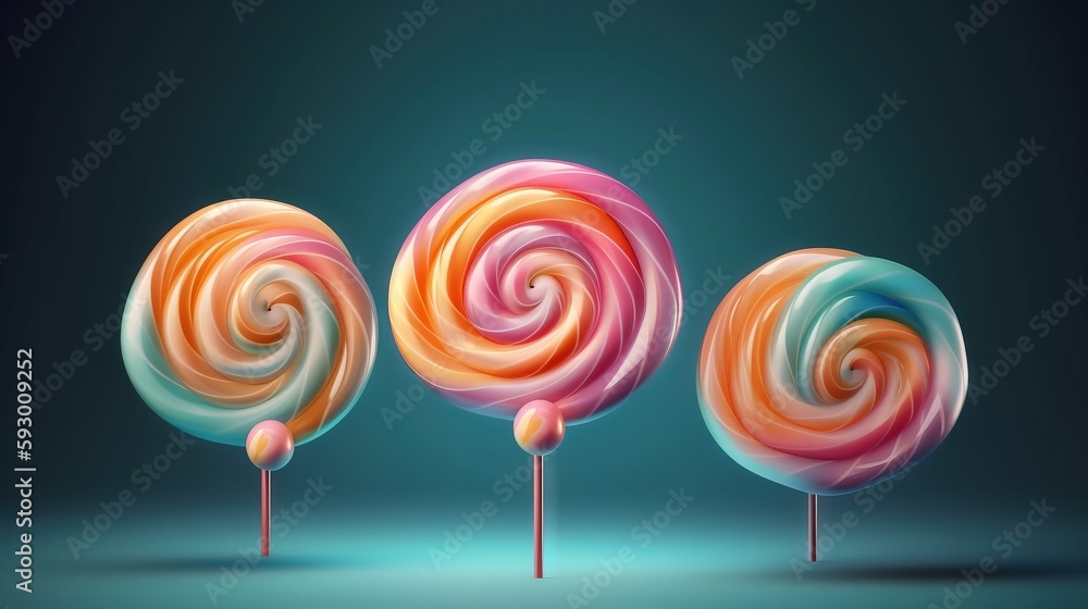 Poster three colorful lollipops on a blue background with a shadow. generative ai