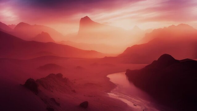 Fantasy Landscape background of Red planet. 4K Ultra HD Detailed Footage in slow motion of Unusual desert landscape.