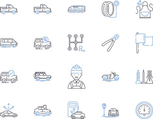 Transport and location outline icons collection. Transport, Location, Voyage, Journey, Shipping, Move, Express vector and illustration concept set. Trip, Haul, Relocate linear signs