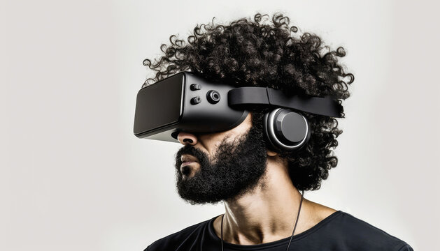 African American man with dark curly hair and beard wearing black virtual reality glasses. Games and work in a modern technological device, vr glasses. AI Generative Content