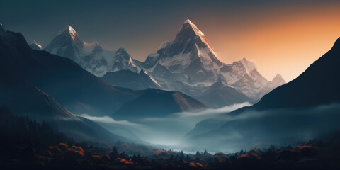View of the Himalayas during a foggy sunset night - Mt Everest visible through the fog, Generative Ai